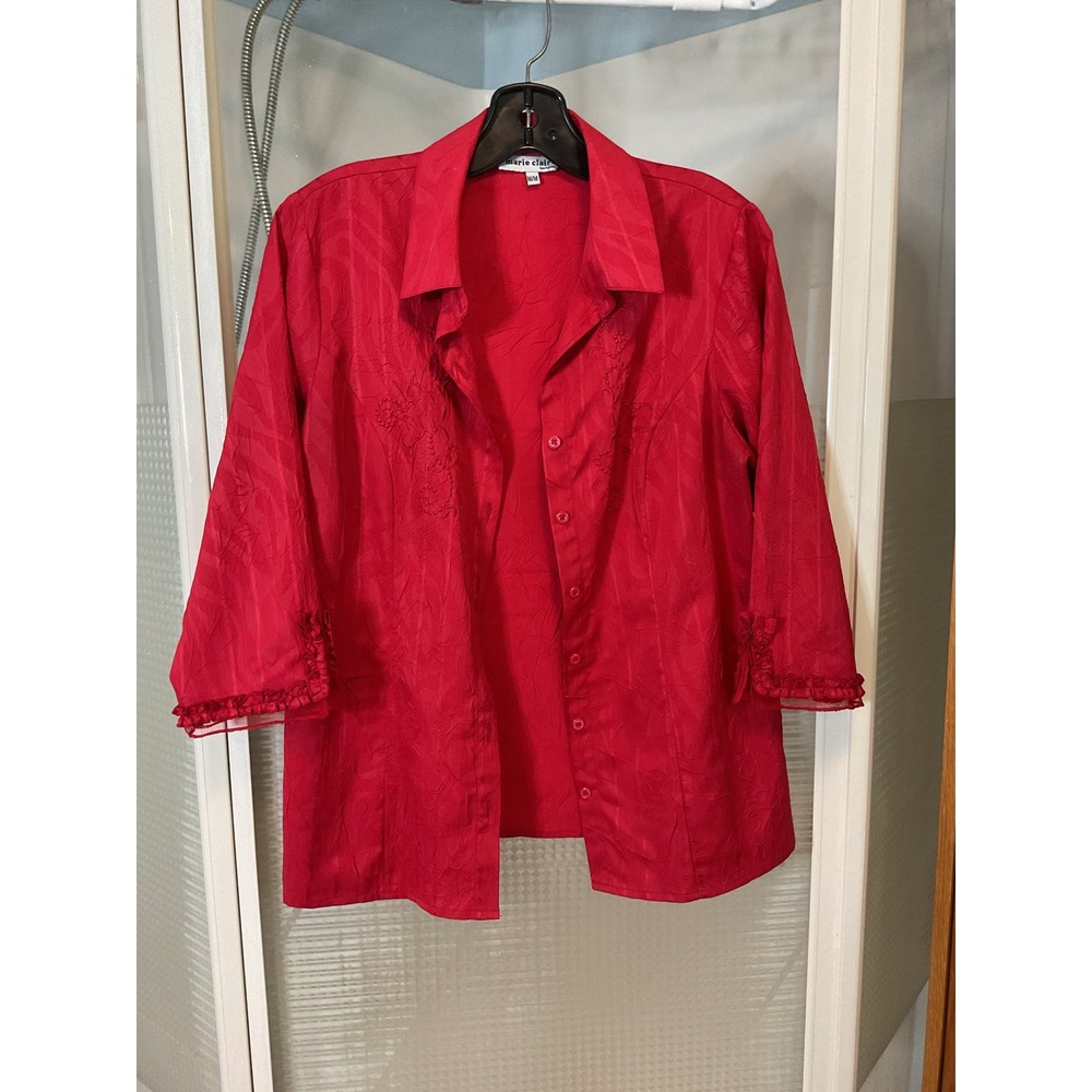 Marie Claire Button Down Shirt Womens M Red Excellent Crinkle Embroidered Ruffle
